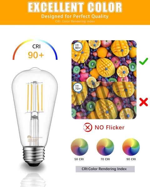 10 Pack Vintage Edison Style LED Bulbs E26 5.5W Equivalent To 60W Dimmable Soft White 2700K Clear Glass ST19 Excellent Color CRI 90+