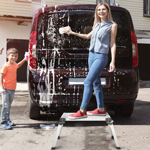 Woman washing van on Aluminum Step Ladder Work Platform Drywall Bench Folding Heavy Duty Extra Large Portable No Assembly Needed
