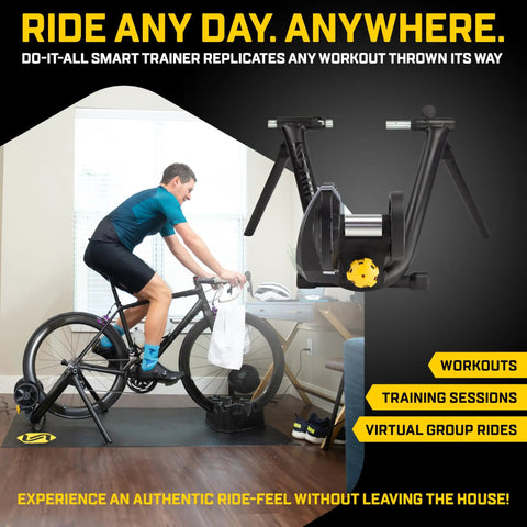 Man using M2 Smart Indoor Bike Trainer With Zwift Compatibility, No-Fuss Wheel On Mount, Quiet Electromagnetic Resistance