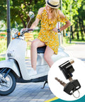 Heavy Duty Battery Box Lock For Electric Vehicles With 2 Keys Anti Theft Metal Lock Fits E Bike Electrombile And Motorcycle Easy Install Tamper Proof Cylinder Strong Security For Your Ride with woman and scooter.