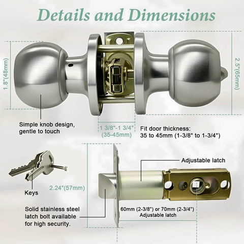 Image showing dimensions of a 10 Pack Satin Nickel Ball Door Knobs With Lock And Keys Keyed Entry ANSI Grade 3 Security Anti Bump 5 Pin Brass Cylinder.