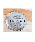 8 Inch Box Joint Cutter Set With Hi Density Carbide Blades For Crisp Square Joints On Your Table Saw Includes Two Spare Blades 1/4 And 3/8 Inch Grooves 5/8 Shank Anti Kickback Design A Total Shop Workhorse For Smooth Cuts Daily saw blade on wood, showing diameter and groove details.
