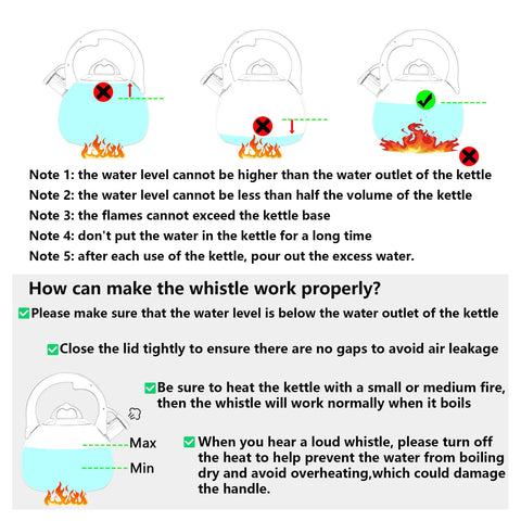 Instructions for using a stovetop tea kettle, showing correct water level and flame placement to ensure whistling function.