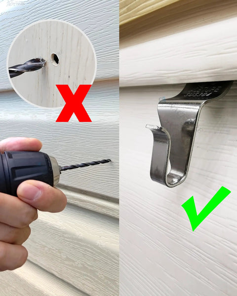 Comparison of drilling and Vinyl Siding Hooks 20 Pack Heavy Duty Siding Clips Siding Hanger For Hanging On Patio No Hole Required Outdoor Command Hooks