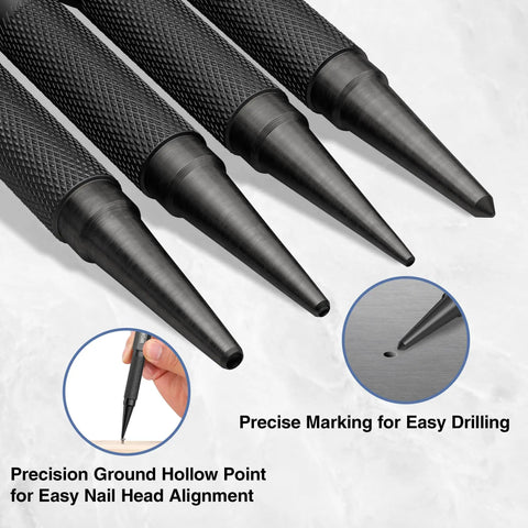 Close-up of Cr-V Hardened Nail Punch And Center Punch Set with Knurled Grip showing precise tips for woodworking and metalworking.