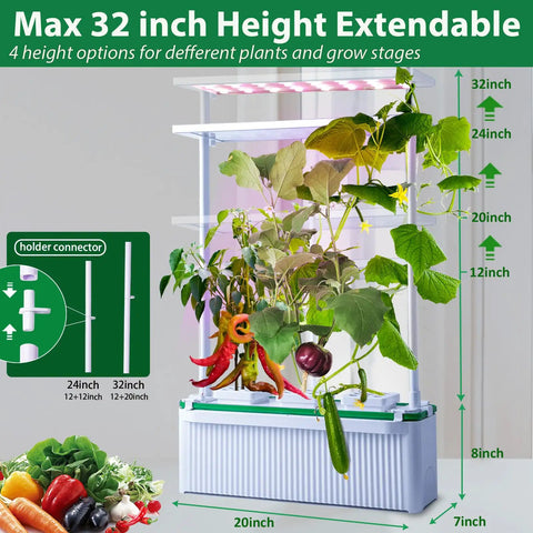 Big Indoor Hydroponic Growing System Kit With Trellis Smart Garden With LED Grow Light showing 32-inch height extension