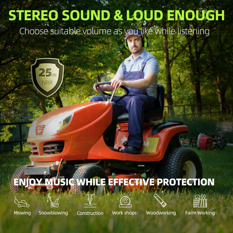 Man mowing grass wearing Bluetooth 5.4 Hearing Protection Headphones With AM FM Radio, 25dB NRR Earmuffs, on orange tractor.
