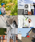 Collage of spraying equipment used for gardening, car washing, and various cleaning tasks, showcasing versatility of spray wands.