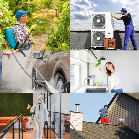 Collage of spraying equipment used for gardening, car washing, and various cleaning tasks, showcasing versatility of spray wands.