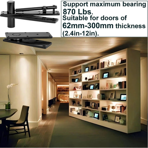Hidden door hinge pair; 870-lb load-bearing steel, 360° pivot for large secret doors or bookcases.