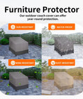 Furniture protector infographic showing waterproof outdoor chair cover heavy duty patio cover windproof with air vent.