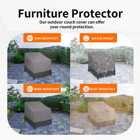 Furniture protector infographic showing waterproof outdoor chair cover heavy duty patio cover windproof with air vent.