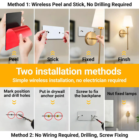 Peel And Stick Wall Sconces Set Of 2 With Rechargeable Battery Wire Free No Drill Adhesive Wall Lamp installation steps visual guide