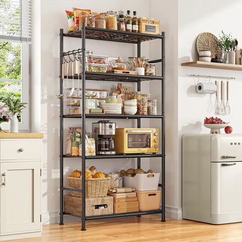 Rock Solid 5 Tier Metal Storage Shelf Heavy Duty Vertical Shelving Unit With Hooks 33.5 Inch Wide Anti Rust Finish Holds 1000 Lbs Built Tough For Garage Closet And Bedroom Total Organization Game Changer