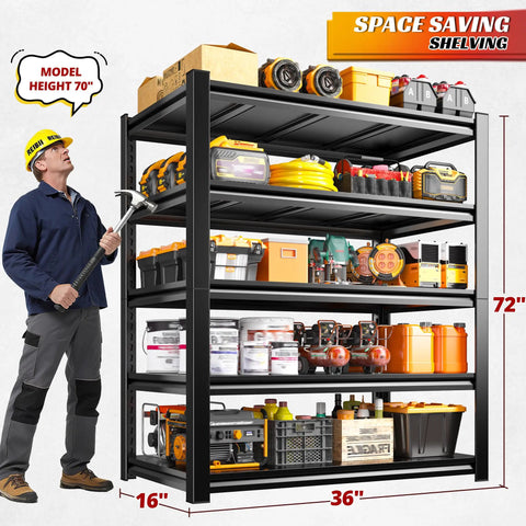 Heavy Duty 5 Tier Garage Shelving Rack With Adjustable Metal Shelves, Steel Storage Organizer For Tools And Parts, 3000 Lb Capacity, No Sag, Easy Assembly, Durable Garage Shelves, 36x16x72 in black