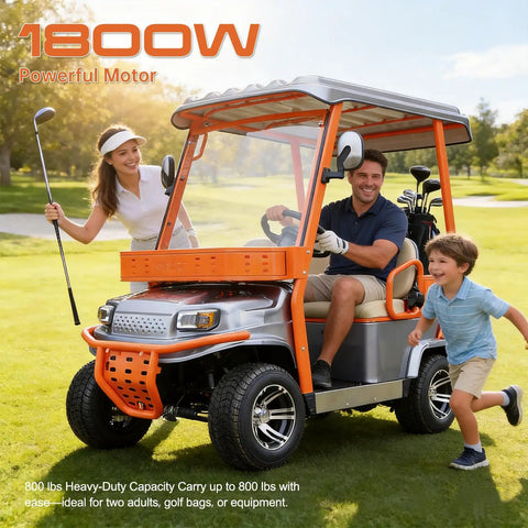 Heavy Duty Electric Golf Cart For Adults With 1800W Motor And 60V Battery Featuring Fixed Canopy on golf course with family.