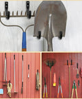 Beefy Heavy Duty Metal Wall Hooks Set Six Pack for Garage Organization holding tools like rake and shovel in outdoor setup