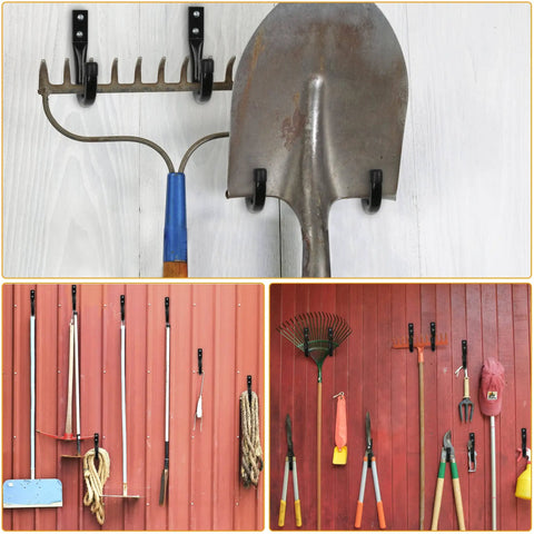 Beefy Heavy Duty Metal Wall Hooks Set Six Pack for Garage Organization holding tools like rake and shovel in outdoor setup