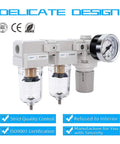 1/4 Inch NPT Air Drying System With Double Air Filters And Regulator, Semi Auto Drain, Poly Bowl, 5 Micron Brass Filters, Built To Last Pro Grade, 145 Psi Max, 0-125 Psi Operating, 18 SCFM At 90 Psi