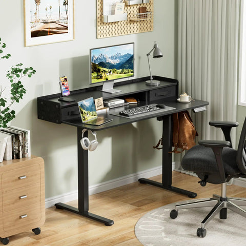 Electric Standing Desk With Two Drawers And Monitor Shelf Adjustable Height Sit Stand Desk With Splice Board Quick Install