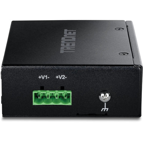 Industrial Five Port Gigabit PoE Plus DIN Rail Switch With 120W PoE Budget And 10Gbps Switching Capacity, front view