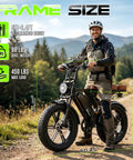 Man with helmet on Unstoppable 1500W Peak Electric Mountain Bike for adults, fat 20x4 tires, outdoors, graphic dimensions shown