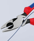 Ultra-High Leverage 9 1/4 Inch Lineman Pliers With Fish Tape Puller And Crimper gripping wire with a comfortable dual-component grip.