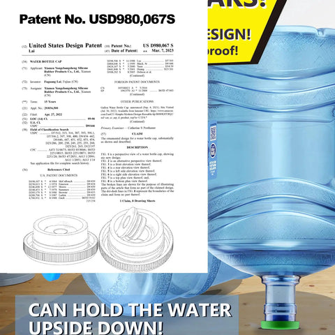 Patent document and blue water jug with Leakproof Water Jug Cap Set For 3 And 5 Gallon Jugs, Food Grade Silicone Replacement Caps For 55mm Bottles And Water Dispensers, Reusable No Spill Cover, Patented 3 Pack