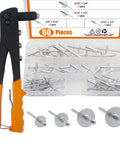 60-Piece Large Flange Aluminum Blind Rivets Kit With Heavy Duty Hand Riveter Tool For One Eighth Inch Five Thirty-Second Inch Three Sixteenth Inch Pop Rivets DIY Friendly Heavy Duty Riveting Set, showing hand riveter and rivets in case