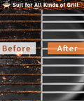 Before and after cleaning grill grates with Heavy Duty Grill Brush And Scraper With 18 Inch Adjustable Handle For Outdoor Gas And Charcoal Grills Bottle Opener Included No Mess Cleanup Extra Strong Grill Cleaner For Grates And Racks