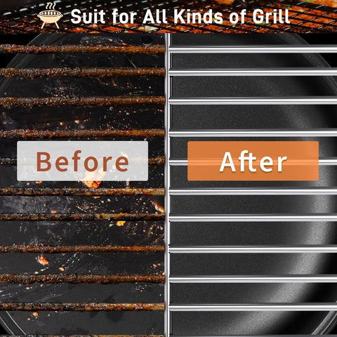 Before and after cleaning grill grates with Heavy Duty Grill Brush And Scraper With 18 Inch Adjustable Handle For Outdoor Gas And Charcoal Grills Bottle Opener Included No Mess Cleanup Extra Strong Grill Cleaner For Grates And Racks