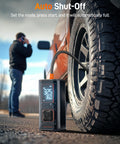 Beefy Heavy Duty Tire Inflator Portable Air Compressor With 45 LPM Dual Cylinder in use with a car tire, showing LED display.