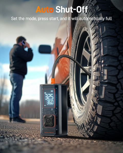 Beefy Heavy Duty Tire Inflator Portable Air Compressor With 45 LPM Dual Cylinder in use with a car tire, showing LED display.