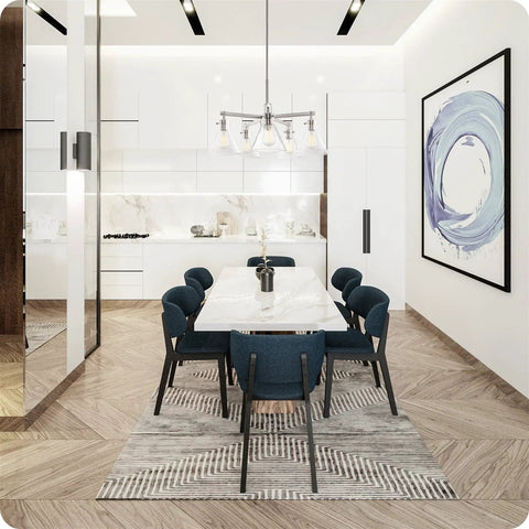 Dining room with Whitney 27 Inch 5 Light Modern Farmhouse Chandelier With Conic Clear Glass Shades In Brushed Nickel Finish.