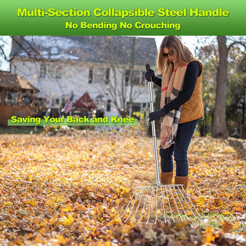 Person using Heavy Duty Stainless Steel Lawn Rake With Extended Handle For Leaves Debris Thatch Dethatcher And Weed Removal In Gardens And Lawns Pro Grade Rake For Yard Landscaping And Camping Use on fallen leaves in yard.