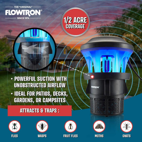 Outdoor Bug Trap With UV Light And Powerhouse Fan For Half Acre Coverage in black, shown with glowing blue light for insect control.