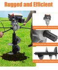 Gas Powered Post Hole Digger With 173cc Engine, 9HP Earth Auger in use on grass, highlighting aluminum and steel construction.