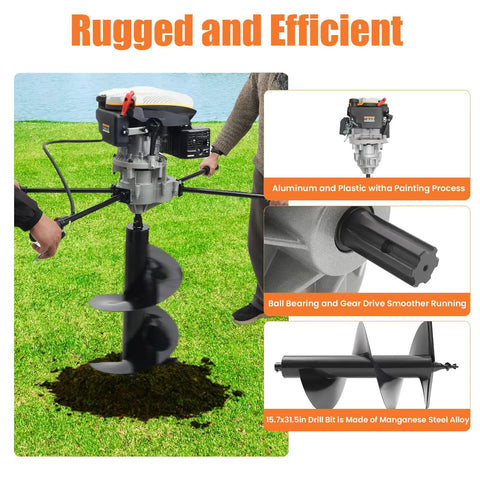 Gas Powered Post Hole Digger With 173cc Engine, 9HP Earth Auger in use on grass, highlighting aluminum and steel construction.