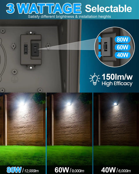 Image showing Beefy 100W Tunable LED Wall Pack highlighting 3 wattage modes 40W, 60W, 80W with brightness levels for outdoor use.
