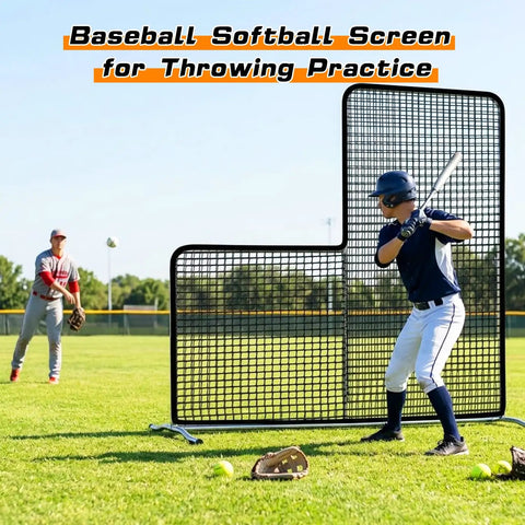 L Screen Baseball Pitching Net 7 By 7 Feet Portable For Backyard Batting Cage Practice in use by youth on baseball field