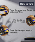 Instruction to tare Pocket Gram Scale 300g x 0.01g High Precision Digital Scale, tare process with backlit display steps.