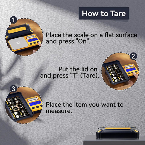 Instruction to tare Pocket Gram Scale 300g x 0.01g High Precision Digital Scale, tare process with backlit display steps.