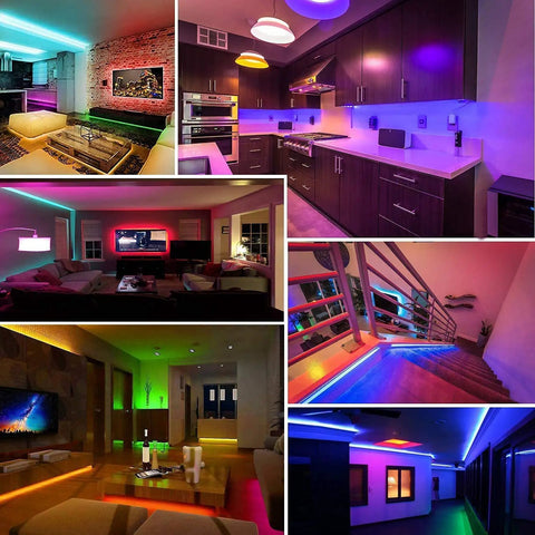 Photo of 50Ft Bluetooth RGB LED Strip Lights illuminating various rooms with color-changing effects for modern home decor.