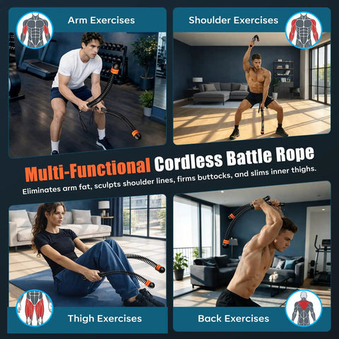 Cordless Battle Rope With Adjustable Resistance Springs For Weighted Training At Home in gym setting, orange and black design