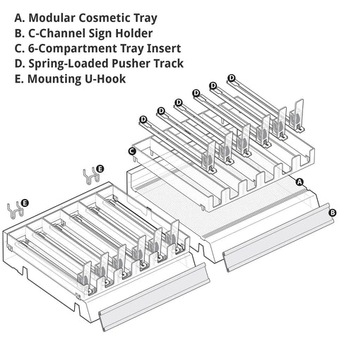 Diagram of Clear 6 Compartment Cosmetic Tray Kit With Pushers, 2-Pack showing tray components, dividers, and mounting hooks.
