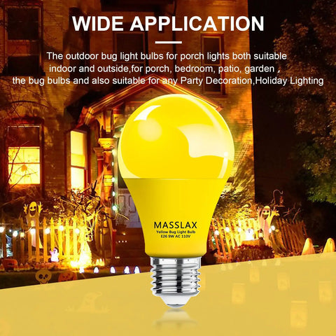 2 Pack Amber Yellow LED Bug Light Bulbs 9W Equivalent To 100W E26 Base Outdoor porch view with bulb close-up