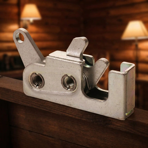 Close-up of Beefy Galvanized Steel RV Push Latch Kit with flush mount heavy duty rotary lock, showing spring-loaded latch.