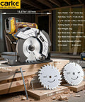 Side view of Ecarke 7-1/4in cordless circular saw with laser guide and DeWalt 20V battery; blades 24T and 40T