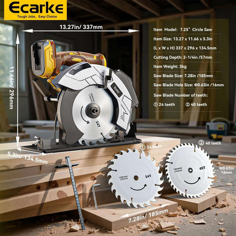 Side view of Ecarke 7-1/4in cordless circular saw with laser guide and DeWalt 20V battery; blades 24T and 40T