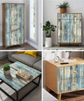 Cabinets and table covered in Blue Distressed Wood Grain Self Adhesive Contact Paper Peel And Stick Waterproof Wood Wallpaper